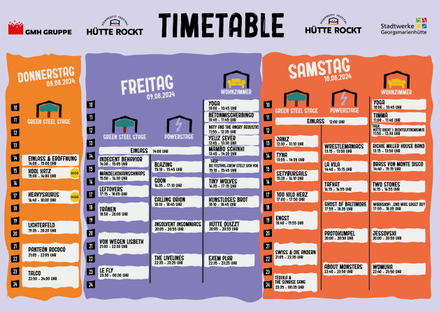 Welche Band spielt wann? Das ist auf dem aktuellen Timetable des Hütte Rockt zu sehen. 