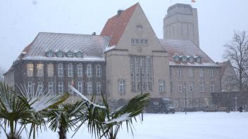 Auch die Palmen auf dem Marktplatz vor dem Delmenhorster Rathaus sind mit Schnee bedeckt.