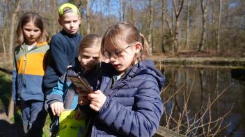 Daria (9) liest in der Marienhölzung in der Geschichte über die „Waldlinge“. 