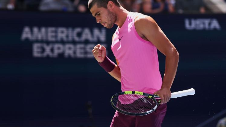 <p>Tennis: Grand Slam/ATP-Tour - US Open , Einzel, Herren, Achtelfinale, Rinderknech (Frankreich) -  Alcaraz (Spanien). Der Spanier Carlos Alcaraz reagiert. (zu dpa: «US Open: Alcaraz zieht souverän ins Viertelfinale ein»)</p>