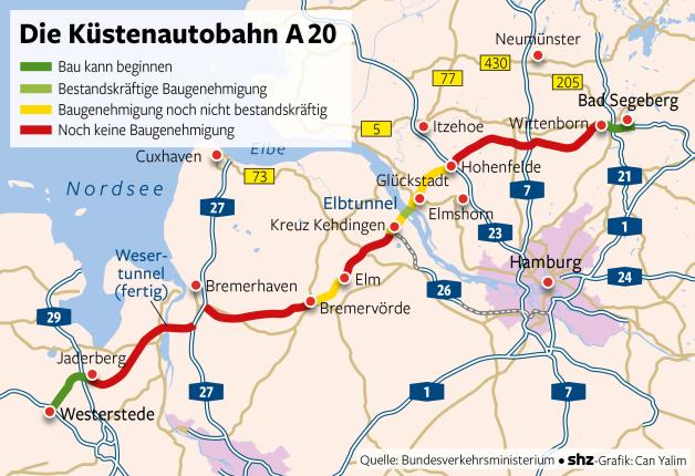 Die Grafik zeigt die Trassenführung der A20 von Bad Segeberg über die Elbe bei Glückstadt und hinein nach Niedersachsen sowie den Planungssachstand.