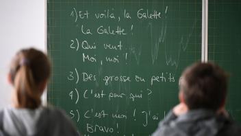 <p>Zwei Schüler sitzen vor einer mit Inhalten aus dem Französischunterricht beschriebenen Tafel. (zu dpa: «Schüler müssen Fremdsprachen erst später können»)</p>