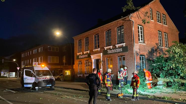 Die Eiche stürzte auf den Weg durch den Park an der Schulstraße und beschädigte das Dach des Redaktionsgebäudes der Elmshorner Nachrichten.